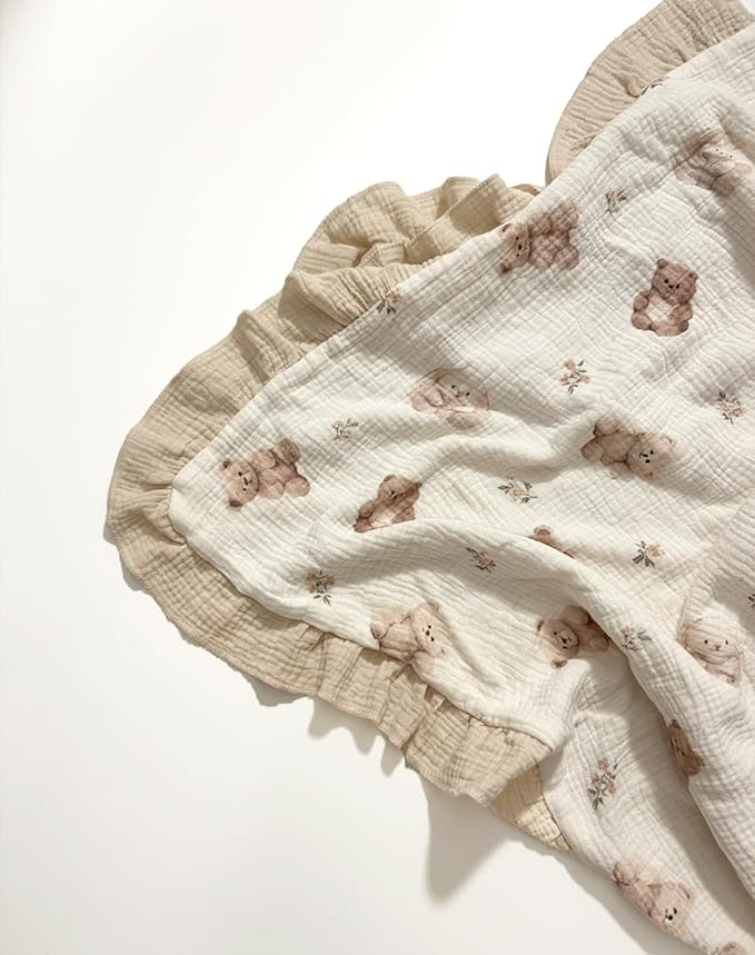 Muslin Ruffled Baby Blanket, Extra Large 52 x 52 Inches, Soft Breathable Cotton Crib Blanket for Newborn Infant Toddler (Teddy & Friends-Ruffled, Printed)