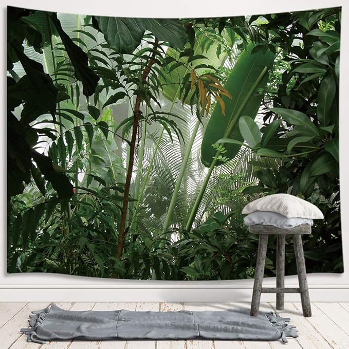 JAWO Green Plant Large Tapestry, Banana Palm Tree Leaves Wall Hanging for Bedroom, Tropical Forest College Dorm Home Decor (90" W x 70" H)