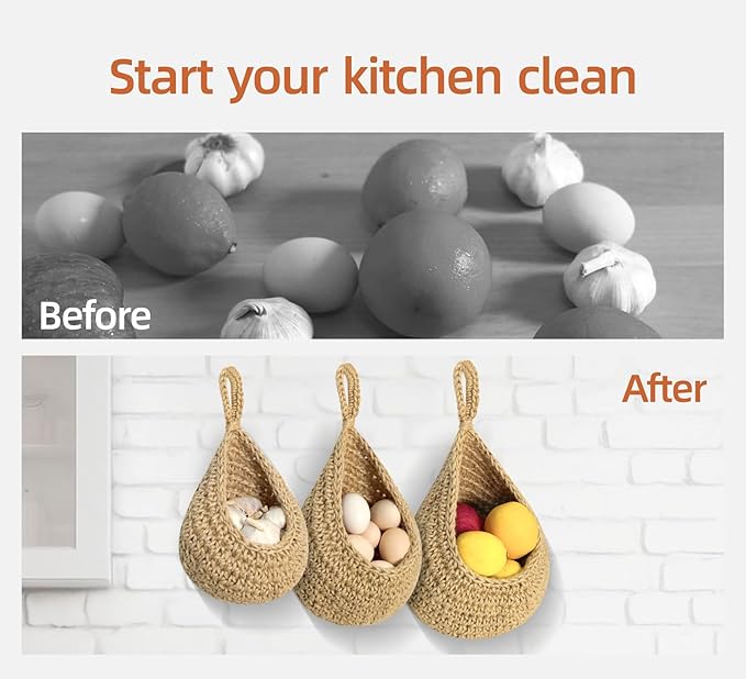 Hanging Baskets Set, 3 Pcs Boho Wall Hanging Basket with 6 Pcs Strong Hooks, Hand-Woven, Drop Molding, Used In Living Room or kitchen To Store Fruit and Vegetable And Potted Plants (Linen)