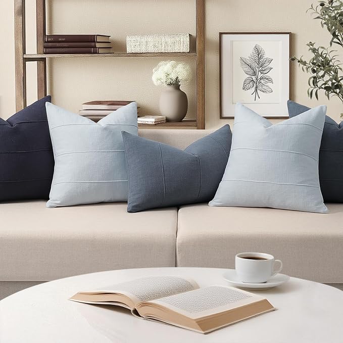 ZWJD Decorative Linen Throw Pillow Covers 22x2 Set of 22 Solid Handcrafted Striped Cushion Covers for Bed Soft Modern Farmhouse Neutral Pillowcase for Couch Bedroom Living Room Home Decor(Sky Blue)
