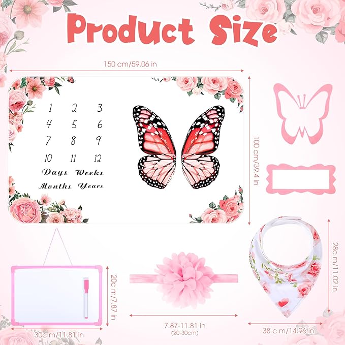 Chumia 6 Pcs Baby Monthly Milestone Blanket for Girl 60" x 40" Butterfly Milestone Blanket Age Photo Photography Backdrop with Newborn Calendar Growth Chart Bib Headband(Pink,Floral Pattern)