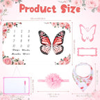 Chumia 6 Pcs Baby Monthly Milestone Blanket for Girl 60" x 40" Butterfly Milestone Blanket Age Photo Photography Backdrop with Newborn Calendar Growth Chart Bib Headband(Pink,Floral Pattern)