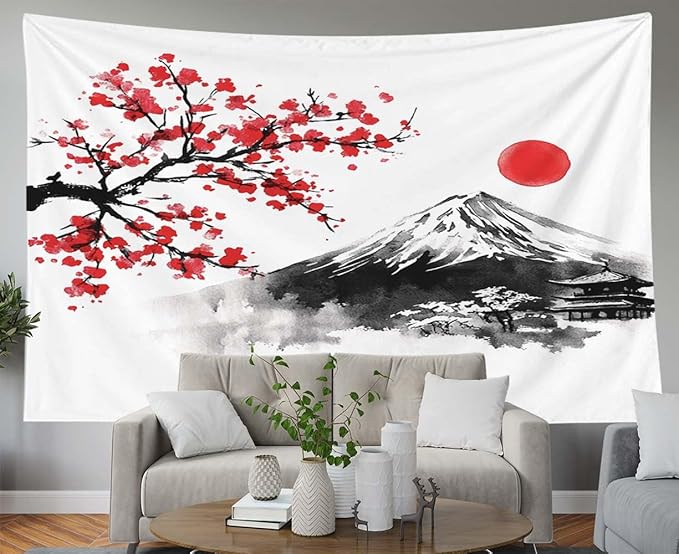 EMMTEEY Mountain Tapestry Modern Wall Decor Big 80X60 Inch-Ink Red Flowers and Fuji Mountain Durable Tapestry for Bedroom