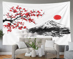 EMMTEEY Mountain Tapestry Modern Wall Decor Big 80X60 Inch-Ink Red Flowers and Fuji Mountain Durable Tapestry for Bedroom