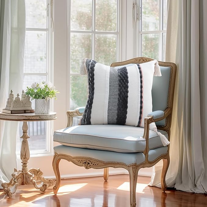 decorUhome Boho Decorative Throw Pillow Covers 18x18 Set of 2, Striped Chenille Tufted Pillow Covers with Tassels for Couch Bed Sofa, Cream White and Dark Grey