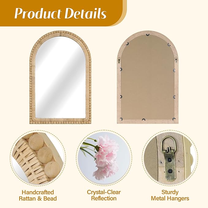 Arched Rattan Wall Mirror – 24x36 Inch Boho Elegance with Woven Frame and Wooden Bead Trim, Decorative Mirror for Bathroom Vanity Entryway Living Room
