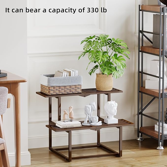 Plant Stand Indoor Outdoor, Foldable Metal Plant Shelf for Multiple Pots, Mid Century Slatted Bench for Patio Garden, Heavy Duty Capacity 330 lbs 2 Tier Coffee