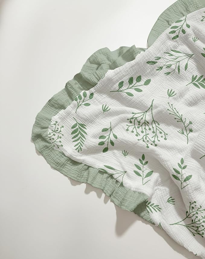 Muslin Ruffled Baby Blanket, Extra Large 52 x 52 Inches, Soft Breathable Cotton Crib Blanket for Newborn Infant Toddler (Leaf C & Sage, Printed)