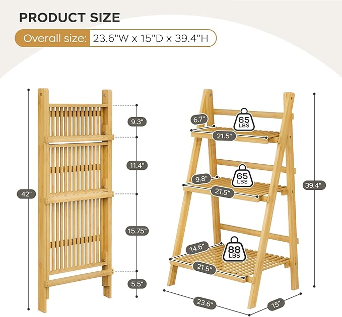 39.4" Foldable Plant Shelf Ladder Shelf, 3 Tier Bamboo Ladder Flower Pot Display Shelf, Freestanding Ladder Bookshelf for Garden, Balcony, Yard, Living Room, 23.6"W x 15"D x 39.4"H, Natural
