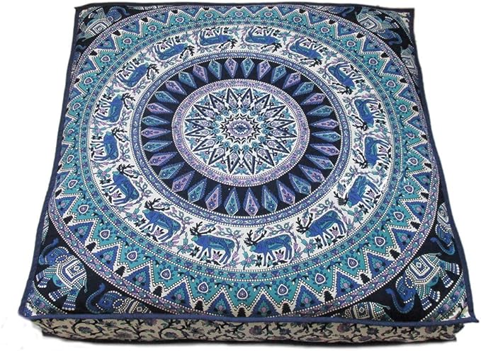 ICC Large Square Floor Pillow Cover Hippie Ottoman Pouf Cover Daybed Cotton Mandala Cushion Cover with Heavy Duty Zipper Seating Ottoman Poufs Dog-Pets Bed (Green Deer, 35" Square)
