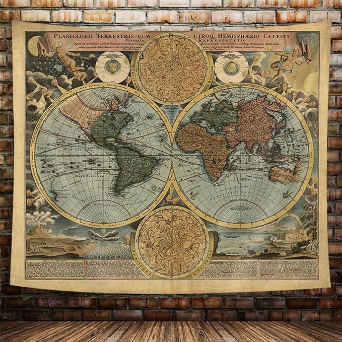 Vintage World Map Tapestry, Antique Old Nautical Map of the World Wall Art, Historical Atlas Geography Retro Wanderlust Pirate Tapestry Wall Hanging for Bedroom Living Room Dorm, 80X60in, Brown Tan