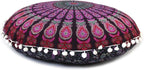 CRAFT KALA 22 Inch Round Mandala Floor Pillow Cushion Cover Seating Throw Cover Hippie Decorative Bohemian Ottoman Poufs Pom Pom Pillow Cases Boho Cotton Living Room Yoga Home Décor (Pink Mirchi)