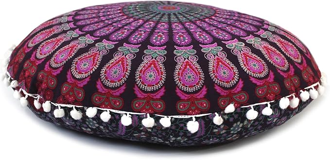 CRAFT KALA Mandala Floor Pillow Cushion Cover Seating Throw Cover Hippie Decorative Bohemian Ottoman Poufs Pom Pom Pillow Cases Boho Indian Cotton Living Room Yoga Home Décor (24" Round, Pink Mirchi)