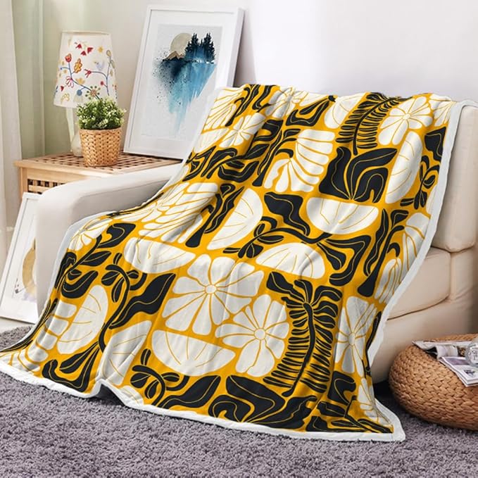 Boho Abstract Colorful Floral Throw Blanket, Vintage Retro Patchwork White Black Orange Flower Botanical Geometric Aesthetic Groovy Flannel Throw Blanket for Chair Bed Sofa Couch, 50X60IN