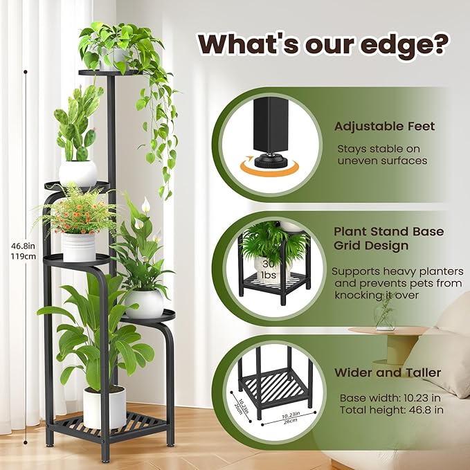 TOSKING 5 Tier Tall Plant Stand Indoor Outdoor,Anti-Tip Plant Stand indoor, Wide Base for Pots, Child and Pet Friendly,Heavy Duty Corner Shelf for Plants & Decor, Space Saving ,Tiered Metal Flower Pot Stand for Balcony, Garden, Living Room, Patio (Blac...