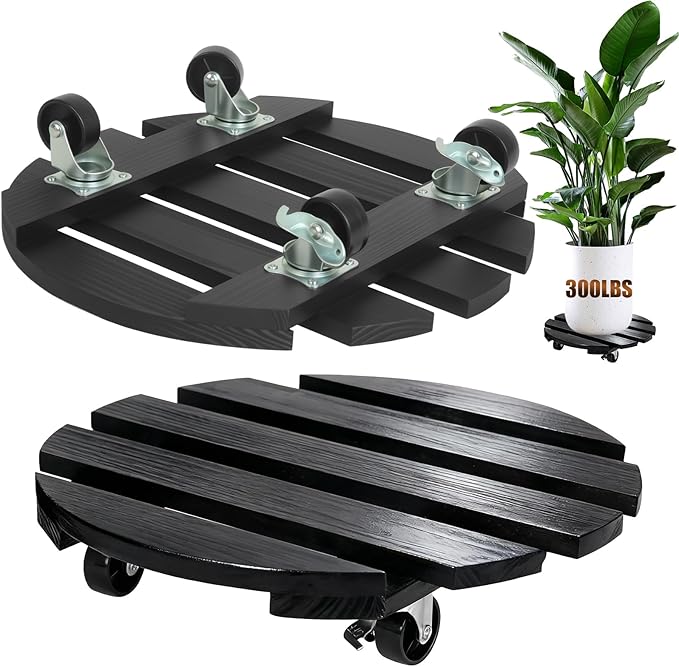 2 Pack Plant Caddy with Wheels 13'' Rolling Plant Stand Indoor Outdoor, Heavy Duty Wooden Plant Stand with Wheels 300Lbs Capacity with 360°Lockable Rolling Base for Pot, Planter, Tray, Patio