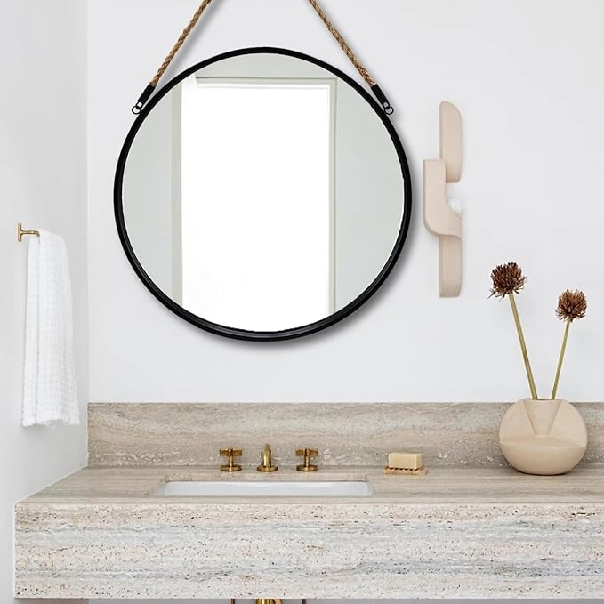 POZINO Large Round Hanging Mirror, Circle Wall Mirror with Rope, 30 Inch Black Frame Farmhouse Mirror for Bathroom Bedroom Living Room Entryway Home Decor