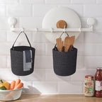 2pcs of Black Hemp Rope Hanging Basket-10.6" x 5.5" Hanging Woven Wall Basket Set with Leather Handles,Wall Mounted Woven Hanging Basket Storage,Shelf Basket Organizer for Plants