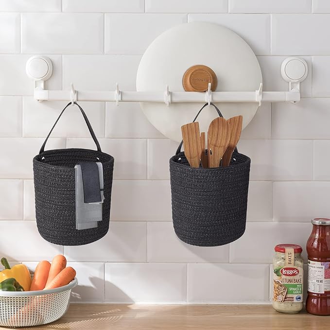 2pcs of Black Hemp Rope Hanging Basket-10.6" x 5.5" Hanging Woven Wall Basket Set with Leather Handles,Wall Mounted Woven Hanging Basket Storage,Shelf Basket Organizer for Plants