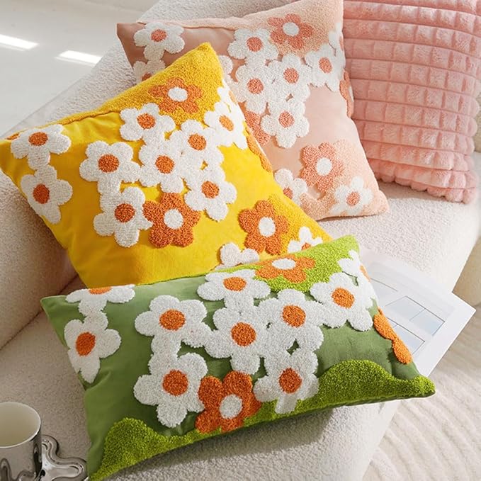 vctops Spring Floral Tufted Decorative Throw Pillow Covers Cute Flower Lumbar Pillow Cases Soft Velvet Couch Cushion Cover for Chair Sofa Bedroom Living Room Home Decor (Green,12"x20")