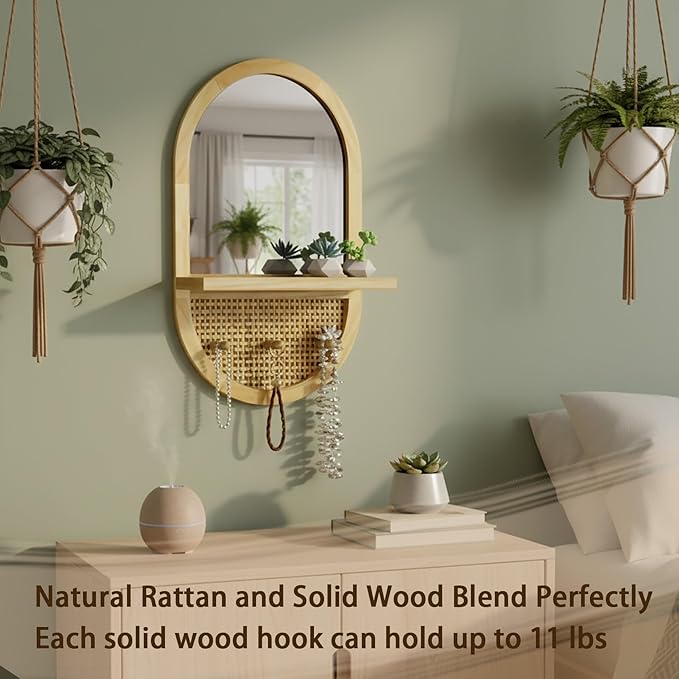 Wall Mirror with Hooks, 22x14 Inch Boho Wall Mirror with Removable Shelf, Oval Solid Wood Framed, Handmade Rattan Mirror Decor Accent for Entryway, Bathroom, Nursery, Bedroom, Living Room