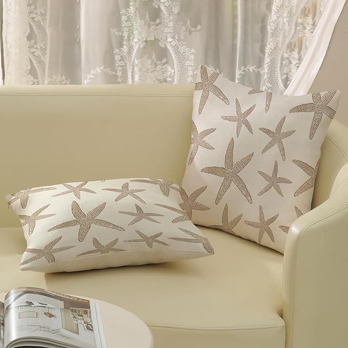 Brown Starfish Pillow Covers 18x18 Set of 2 Coastal Throw Pillows Spring Summer Nautical Ocean Theme Beach Decorative Pillow Cases Farmhouse Outdoor Decor Linen Cushion Case for Couch Sofa