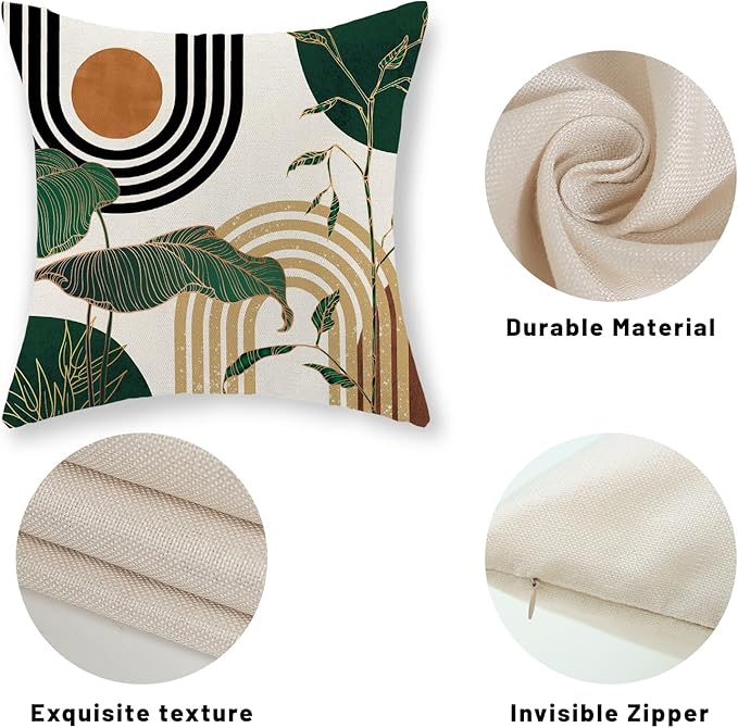 Boho Green Pillow Covers 18x18 Set of 2 Green Gold Leaf Tropical Mid Century Throw Pillows Outdoor Bohemian Modern Decorative Pillowcase Farmhouse Linen Cushion Case for Couch Sofa Decor