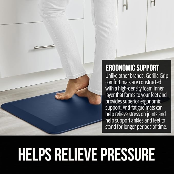 GORILLA GRIP Comfortable Cushioned Kitchen Mats for Floor, 48x20, Waterproof and Stain Resistant Soft Top, 3/4 Inch Thick Ergonomic Standing Desk Anti Fatigue Mat, Foam Supports Ankles and Feet, Navy