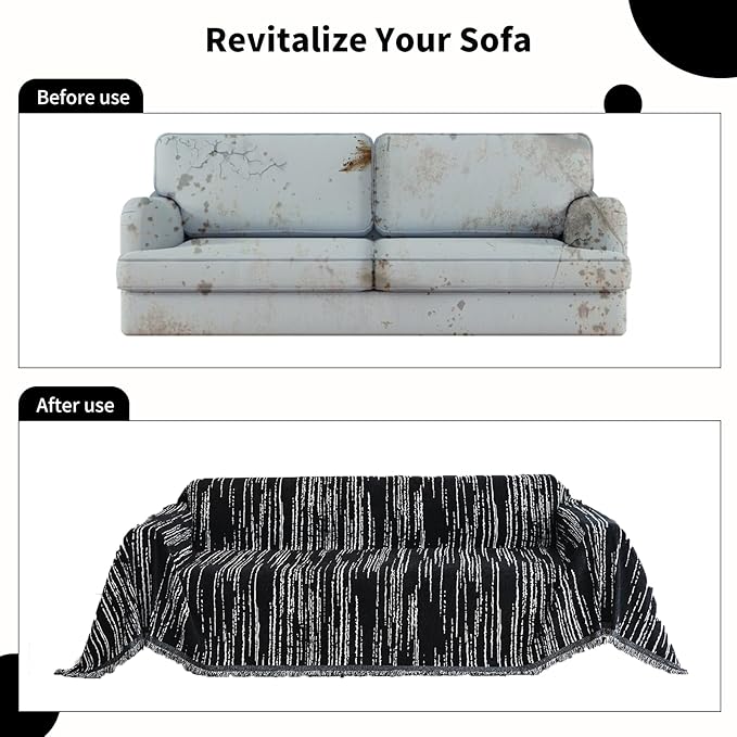 Chenille Couch Cover Pet Friendly, Sofa Cover Washable, Reversible Sofa Slipcover for Sectional Sofa, Loveseat, 2 or 3 Cushion Couch, Corner Sofa, Futon Cover (71" X 150", Black)