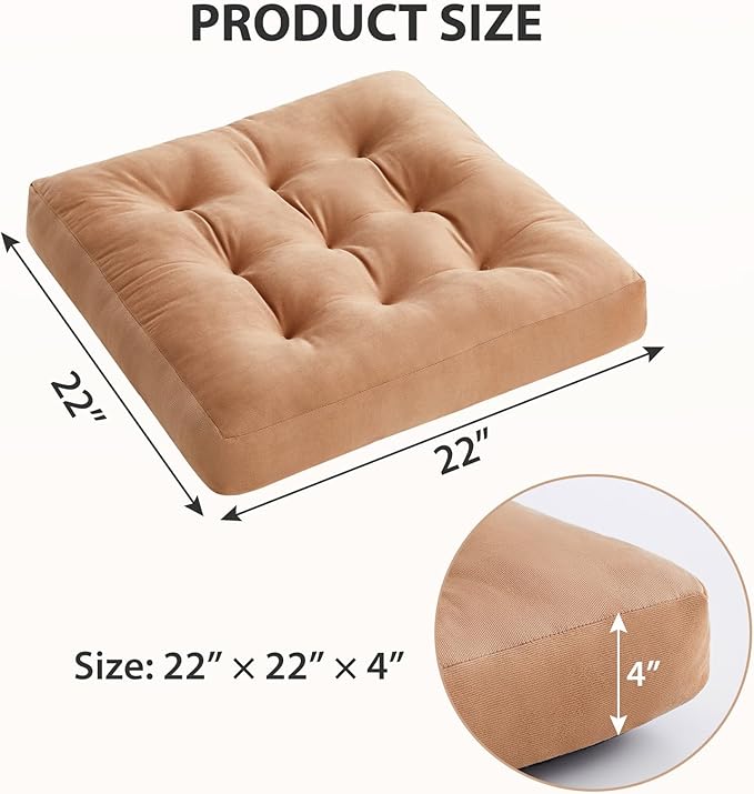 Meditation Floor Pillow Set of 6, Square Large Pillows Seating for Adults, Meditation Cushion Pillow,Tufted Corduroy Cushion for Tatami Living Room or Yoga, Coffee, 22x22 Inch