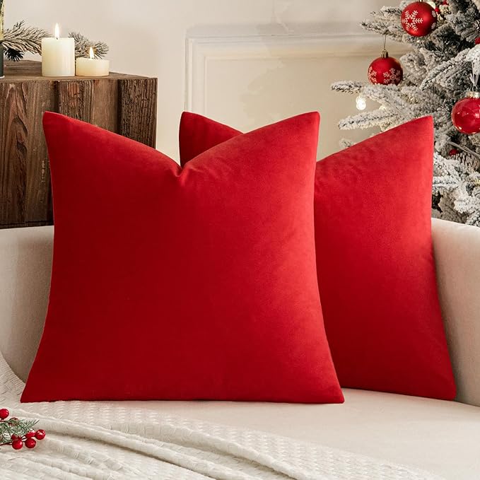 MIULEE 24x24 Inch Euro Sham Velvet Pillow Covers, Set of 2 Large Square Christmas Decorative Pillows -Bright Red Super Soft for King Bed, Sofa, Couch, Accent Chairs