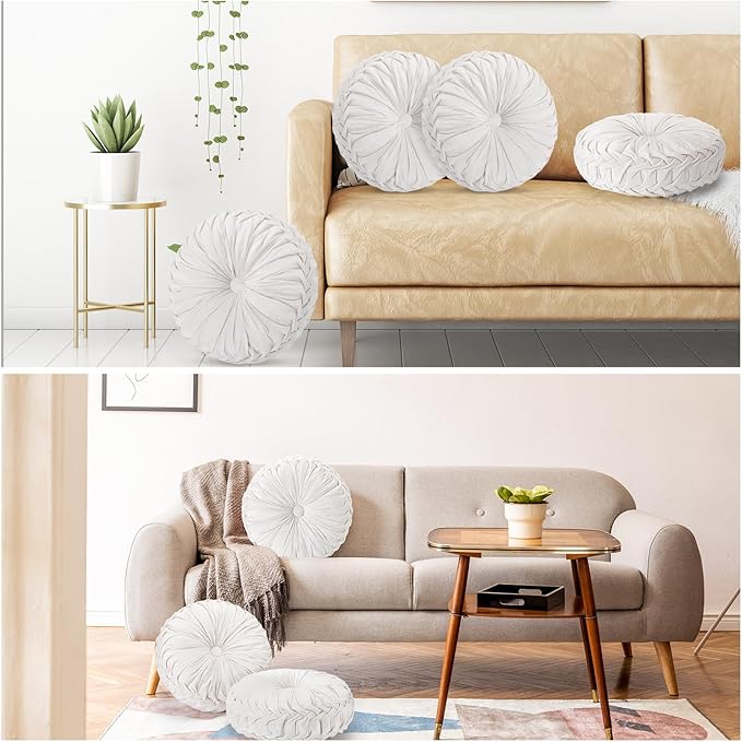 4 Pcs Round Throw Pillows 15 Inch Decorative Velvet Pleated Pumpkin Pillows Boho Floor Pillow with Center Button for Living Room Couch Chair Bed Sofa Home Decoration (Ivory)