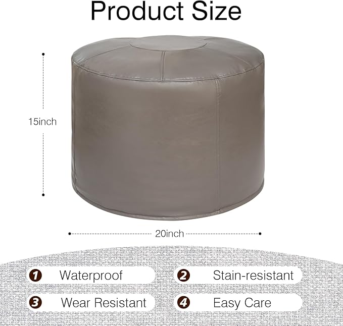 Unstuffed Ottoman Pouf Cover 20 X 15 Inch, Round Pu Leather Foot Stool, Floor Bean Bag(No Filler), Foot Rest with Storage for Living Room/Bedroom/Office, Gray