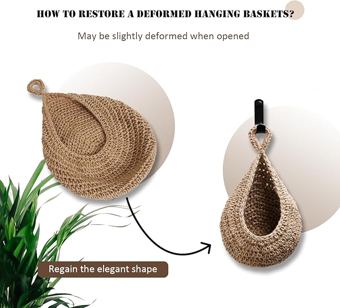 Hanging Fruit Large Basket Set of 3, Boho Wall Hanging Storage Basket for Organizing, Handmade Teardrop Hammock Holder for Fruit Vegetable in Home & Restaurant Kitchen with Hooks, Linen