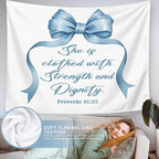 LIANGW Light Blue Bible Verse Christian Wall Tapestry – Proverbs 31 Bible Blue Bow Aesthetic for Girls Bedroom or Dorm Room,Faith-Based Blue Room Decor Aesthetic, 50x60 Inch