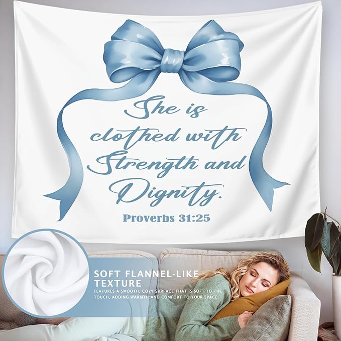LIANGW Light Blue Bible Verse Christian Wall Tapestry – Proverbs 31 Bible Blue Bow Aesthetic for Girls Bedroom or Dorm Room,Faith-Based Blue Room Decor Aesthetic, 50x60 Inch