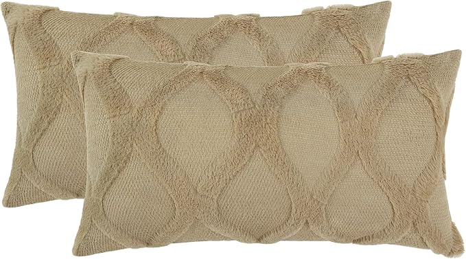 decorUhome Spring Throw Pillow Covers 12x20 Inch Set of 2, Soft Plush Faux Fur Wool Lumbar Khaki Accent Couch Pillow Covers for Modern Farmhouse Bed Sofa Living Room