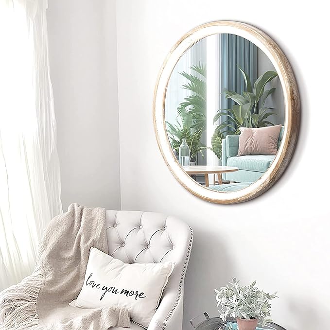 24 Inch Farmhouse Wooden Round Wall Mirror for Home Decor, Rustic Decorative Circle Mirrors for Bathroom Over Sink, Bedroom, Entryway, Living Room, Kithen, Office