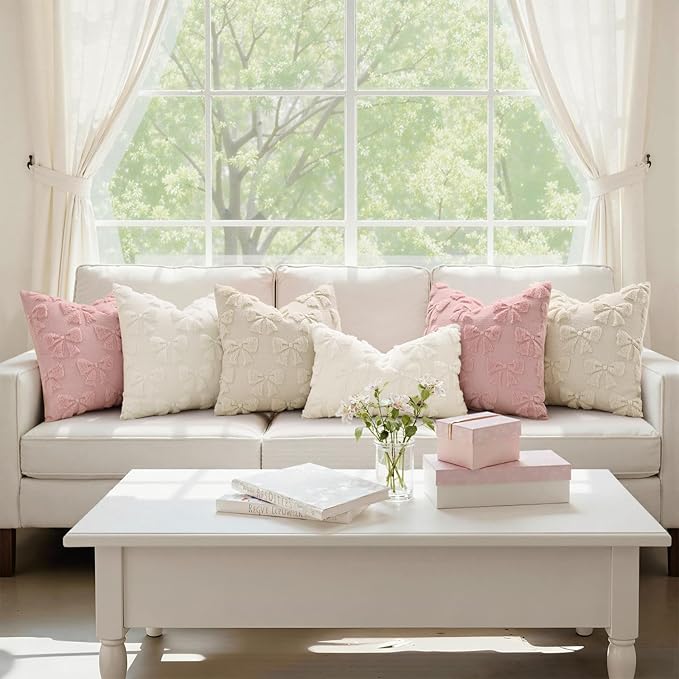 decorUhome Beige Bow Pillow Covers Set of 2 Coquette Aesthetic Cute Preppy Plush Faux Pillowcases for Girly Bedroom or Couch 20x20 Inch