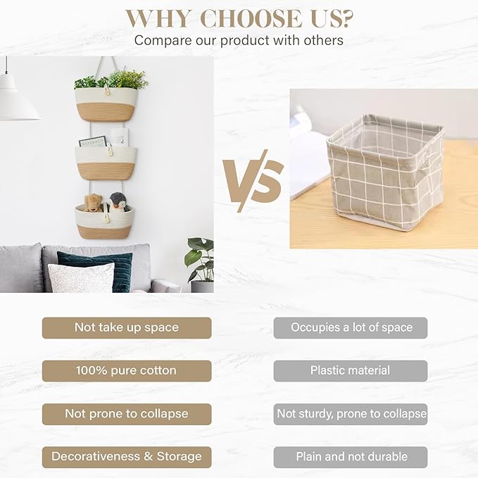TeoKJ Over the Door Hanging Baskets with Wooden Button, 3-Tier Wall-Mounted Decorative Nursery Kitchen Baskets, White & Jute