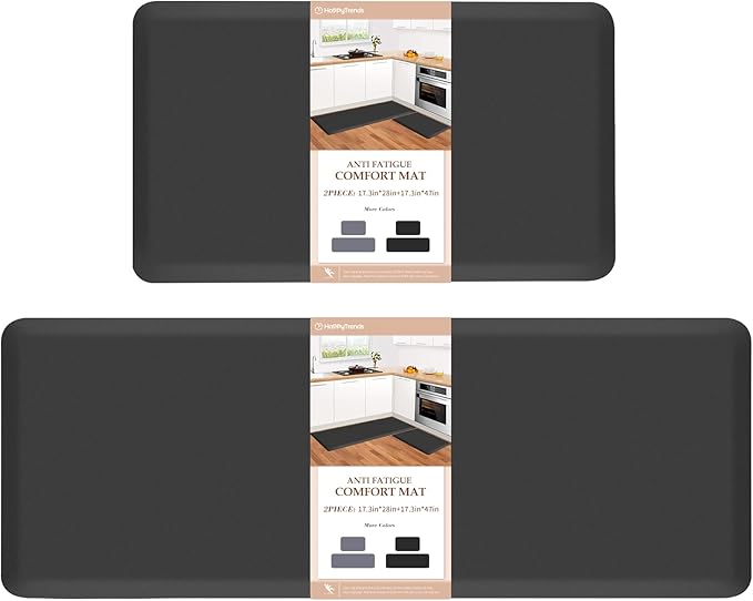HappyTrends 2 PCS Kitchen Mat Cushioned Anti-Fatigue Floor Mat, Heavy Duty Ergonomic Comfort Foam Standing Mat, Waterproof Non-Slip Kitchen Rugs for Home, Office(17.3"x28"+17.3"x47",Black)
