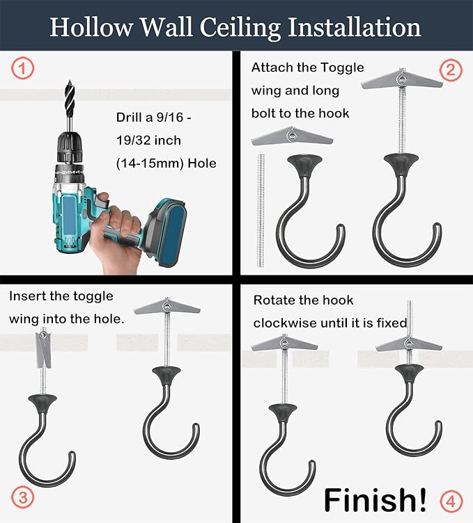 2 Sets Heavy Duty Swag Ceiling Hooks with Hardware for Hanging Plants, Cavity Wall Fixing, Easy Installation, Holds Up to 30lbs, Ideal for Home & Garden (2 Sets, Black Nickel)
