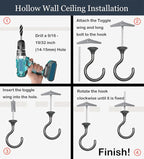 2 Sets Heavy Duty Swag Ceiling Hooks with Hardware for Hanging Plants, Cavity Wall Fixing, Easy Installation, Holds Up to 30lbs, Ideal for Home & Garden (2 Sets, Black Nickel)