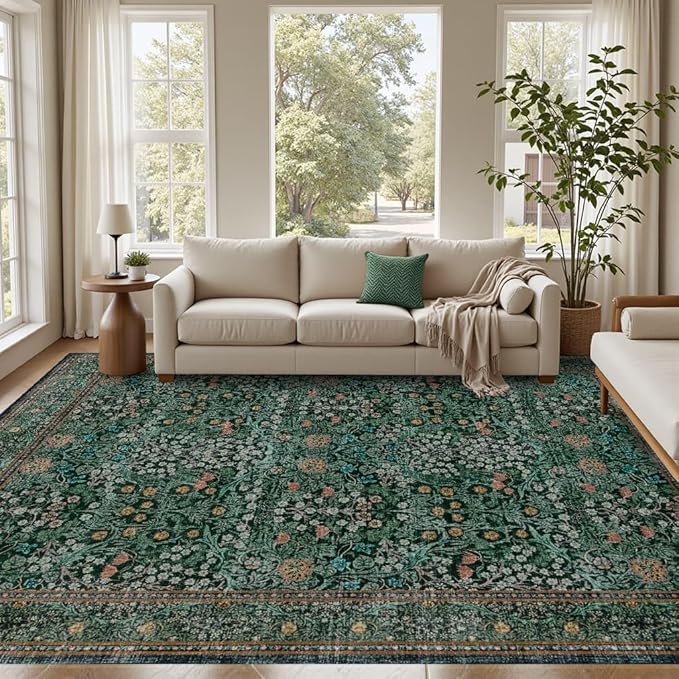 8x10 Area Rugs for Living Room, Large Washable Rug, Green Vintage Floral Boho Rug, Non Slip & Low Pile Faux Wool Thin Carpet for Indoor Dining Room and Bedroom(Dark Green 8x10ft)