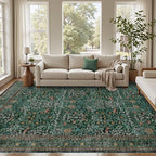 8x10 Area Rugs for Living Room, Large Washable Rug, Green Vintage Floral Boho Rug, Non Slip & Low Pile Faux Wool Thin Carpet for Indoor Dining Room and Bedroom(Dark Green 8x10ft)