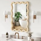 22"x30" Wood Wavy Wall Mirror for Powder Room, Solid Wood Squiggle Mirror for Vanity, Small Asymmetrical Irregular Mirror, Natural Wooden Boho Aesthetic Decor