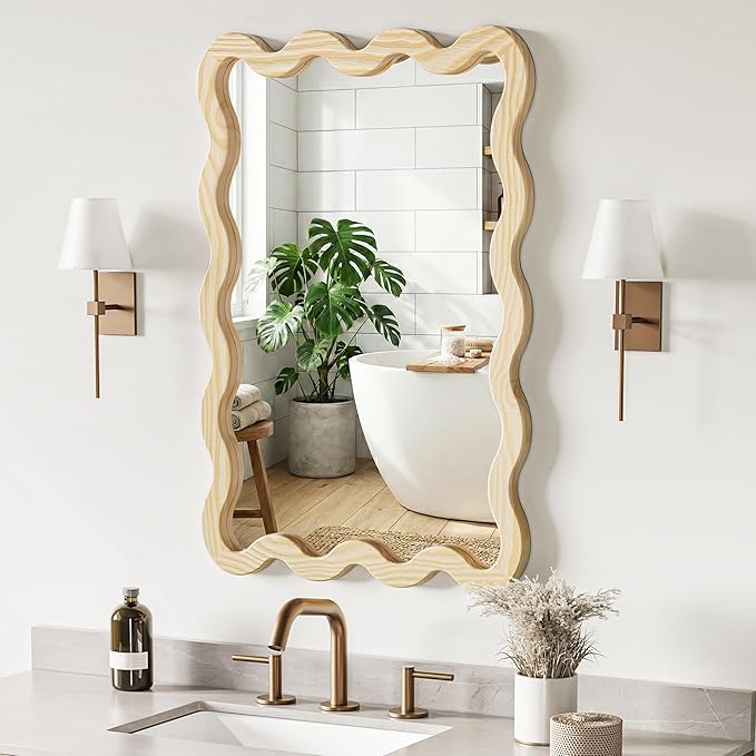 22"x30" Wood Wavy Wall Mirror for Powder Room, Solid Wood Squiggle Mirror for Vanity, Small Asymmetrical Irregular Mirror, Natural Wooden Boho Aesthetic Decor