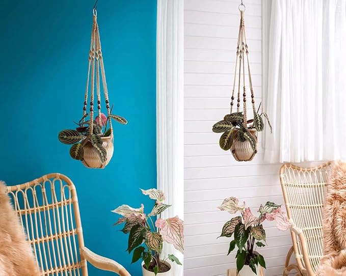 AKEIE Brown Macrame Plant Hanger Indoor Outdoor Plant Holder Basket 41'' Hanging Planter Rope w/Wood Beads No Tassels for Indoor Outdoor Boho Home Decor(Brown)