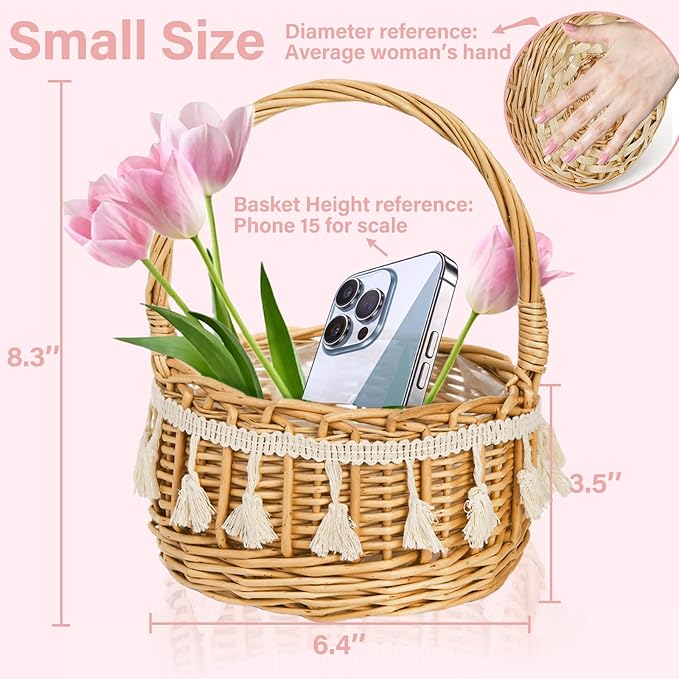 2 Pack Flower Girl Basket, Small Wicker Basket with Silk Petals, White Ribbon, Plastic Liner, Decorative Woven Willow Rattan Basket for Wedding, Gifts, Camping, Home Decor