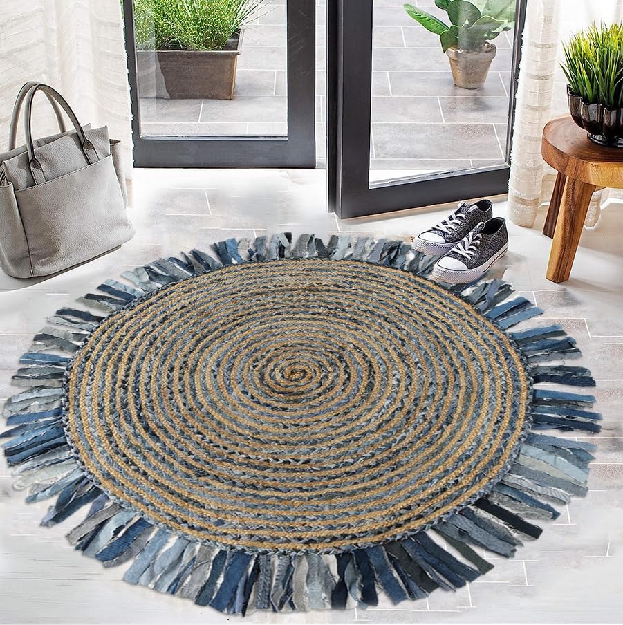 GRUHUM Jute Area Rug 6ft Round Natural Fiber Cotton Denim Blue Fringe Handmade Boho Soft Braided Rutic Vintage Eco Friendly Rug- Indoor Outdoor Kitchen Bedroom Living Hallways Enterways (6'ft Circle) - color: Denim Blue & Natural - 32, size: 6' (Round)